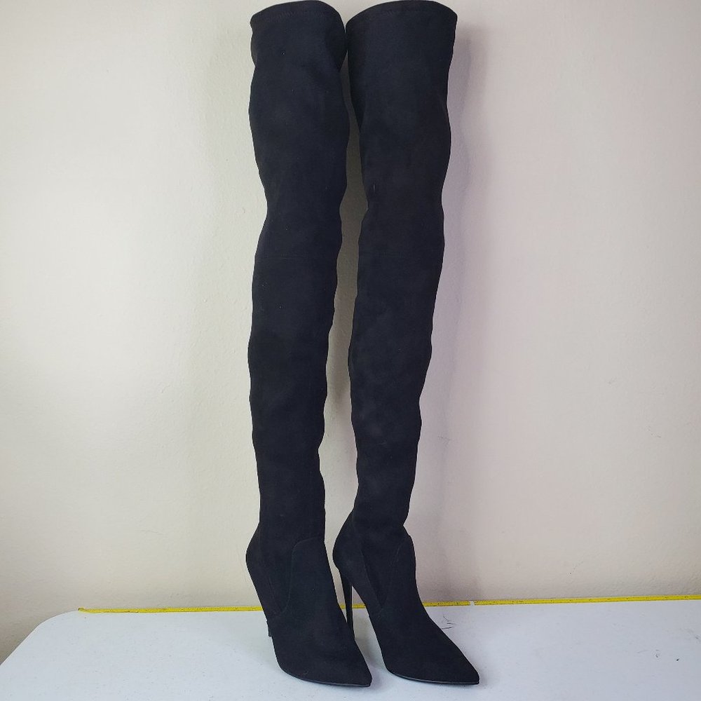 Steve Madden Womens Black Stretchy Cushioned Dominique Pointed Toe Stiletto Boot